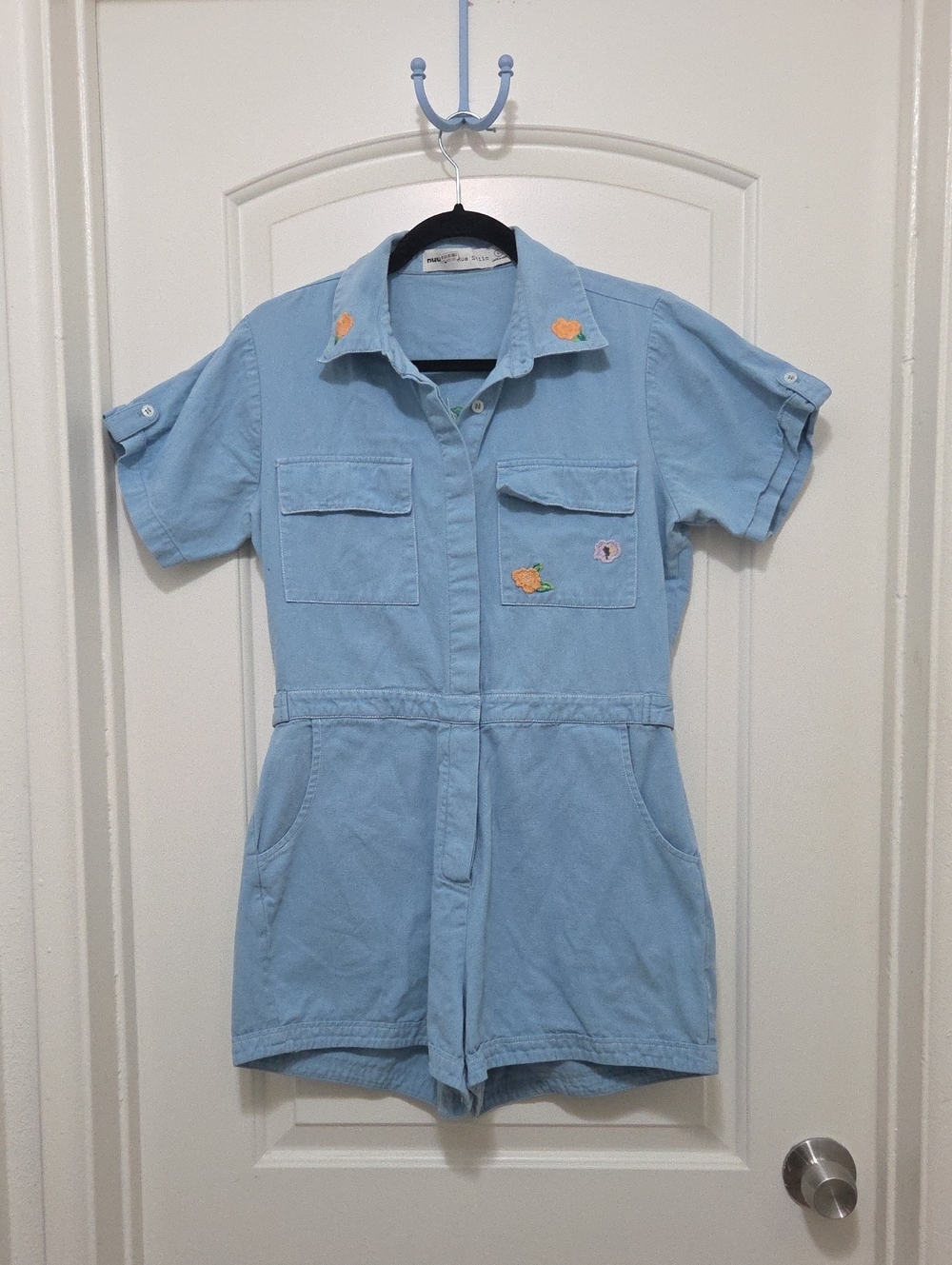 Light Blue Womem's Short Sleeve Romper with Embroidered Patches